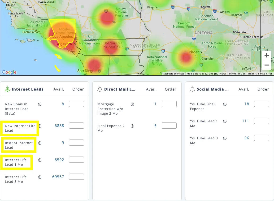 Lead marketplace showing available lead categories